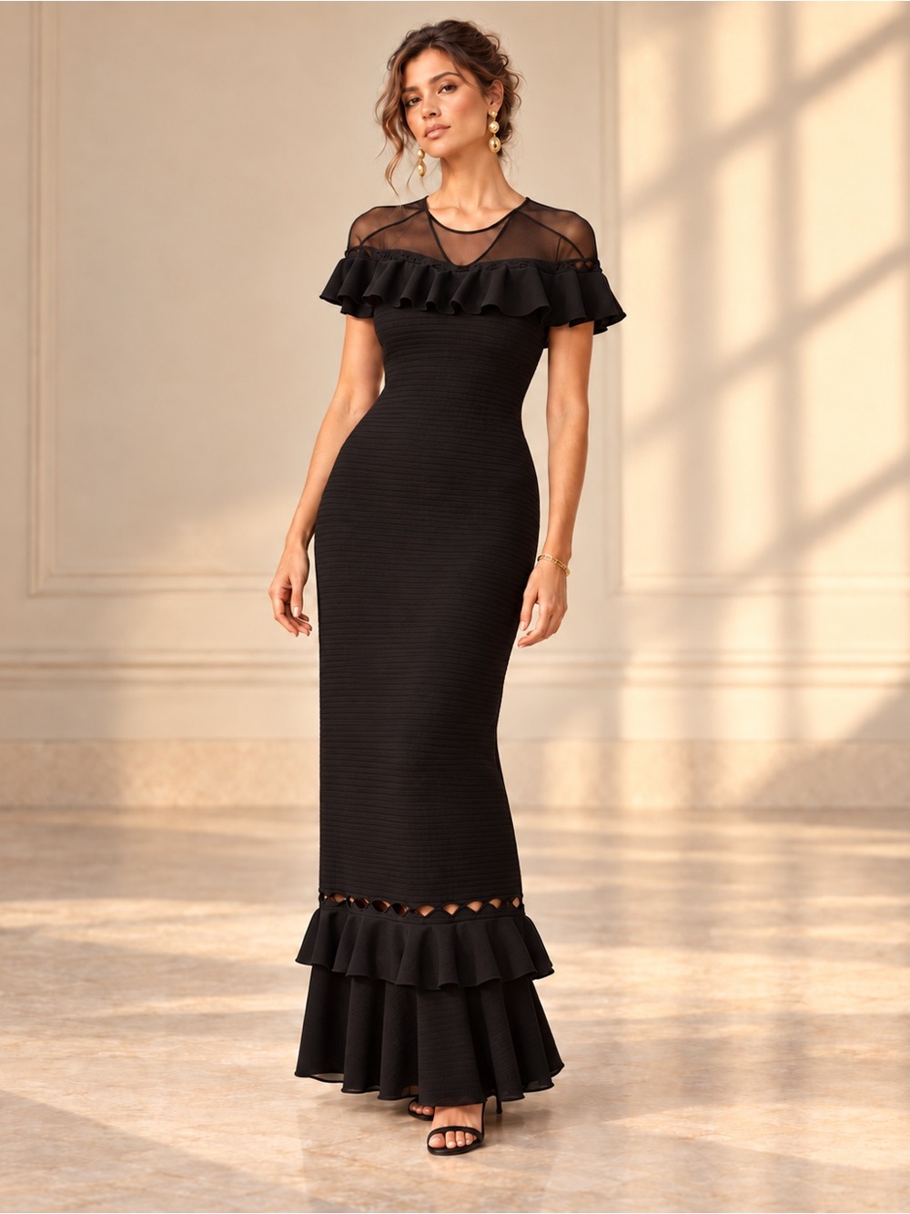 Sachin&Babi Black Ruffle Hem Maxi Dress Sheer Mesh Yoke Gown Floor Length Sz S